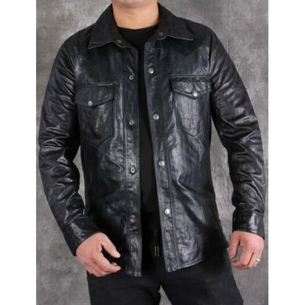 Mens Smart Look Real Sheepskin Black Leather Shirt