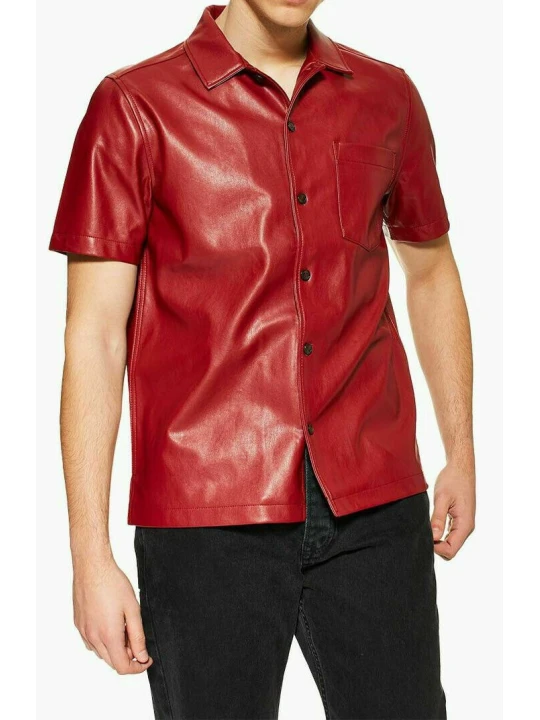 Mens Stylish Short Sleeve Real Sheepskin Red Leather Shirt