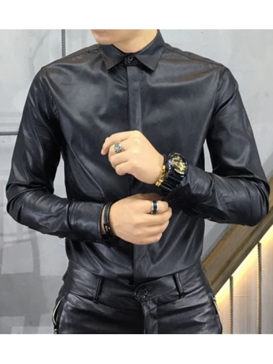 Mens Trendy Real Sheepskin Black Leather Shirt