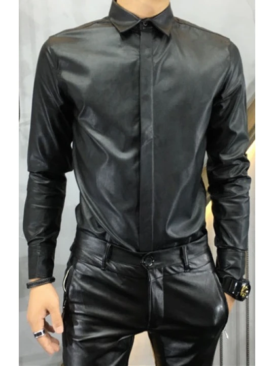 Mens Trendy Real Sheepskin Black Leather Shirt