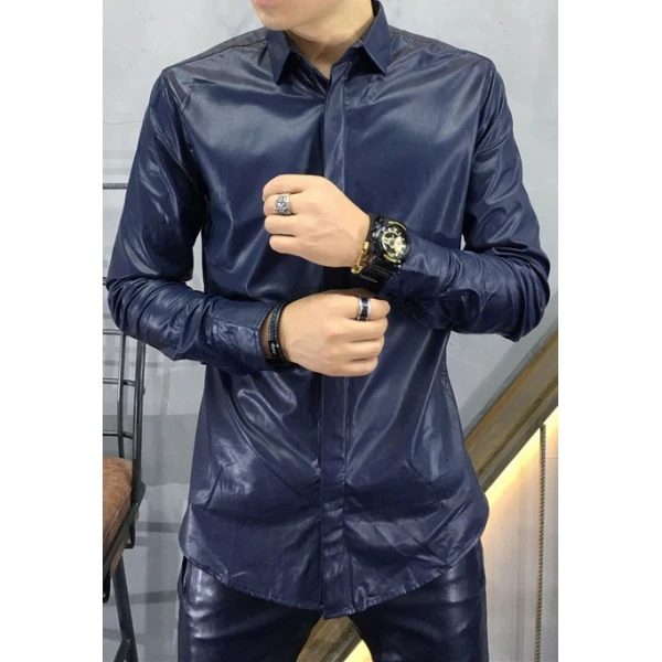 Mens Trendy Real Sheepskin Blue Leather Shirt
