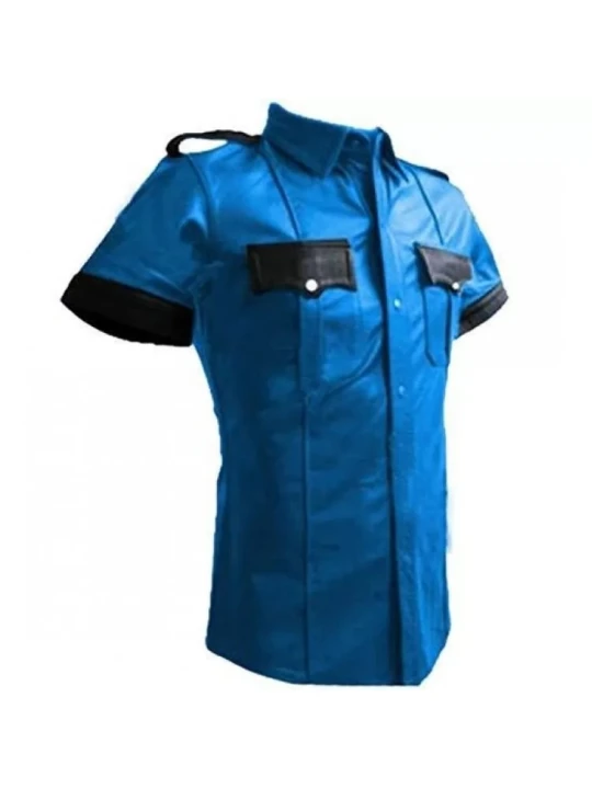 Mens Very Hot Genuine Blue & Black Leather Shirt
