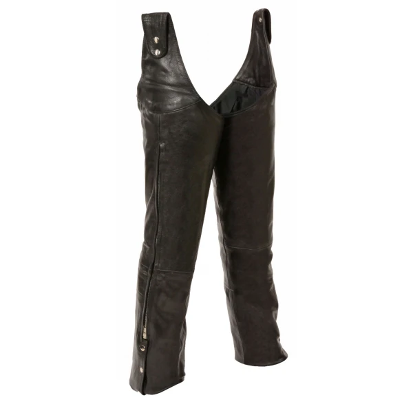Mens Beltless Adjustable Side Snap Black Leather Chaps