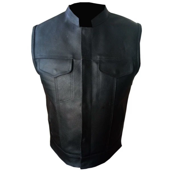 Mens Black Real Genuine Leather Motorcycle Biker Vest