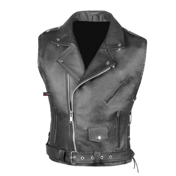 Mens Classic Black Leather Motorcycle Biker Vest