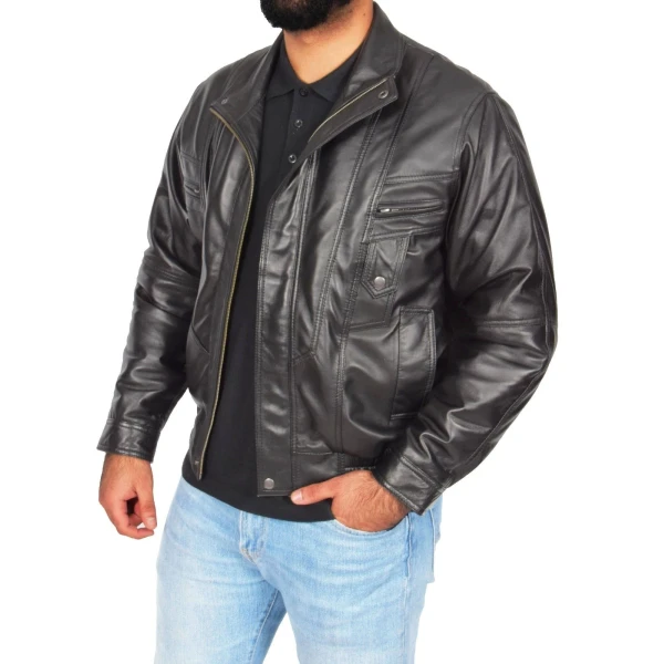 Mens Classic Fit Casual Style Soft Black Leather Bomber Jacket