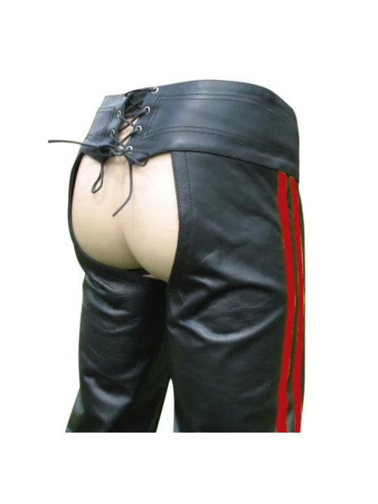 Mens Red Color Stripes Leather Bikers Chaps