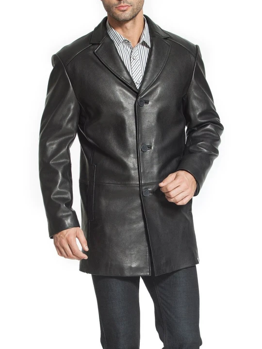 Mens Custom Soft Genuine Black Leather Blazer Trench Coat