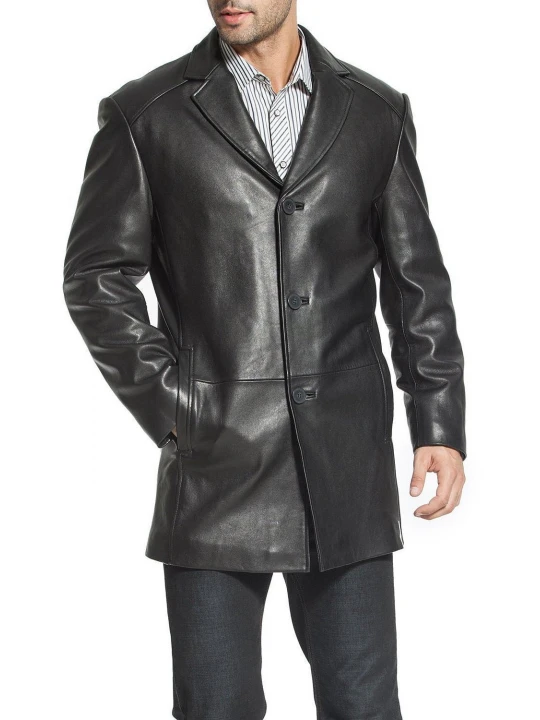 Mens Custom Soft Genuine Black Leather Blazer Trench Coat
