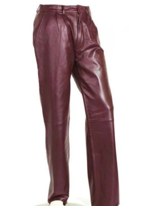 Mens Pleat Front Genuine Burgundy Leather Dress Pants