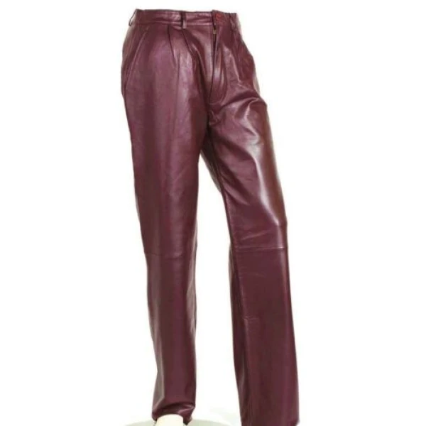 Mens Pleat Front Genuine Burgundy Leather Dress Pants