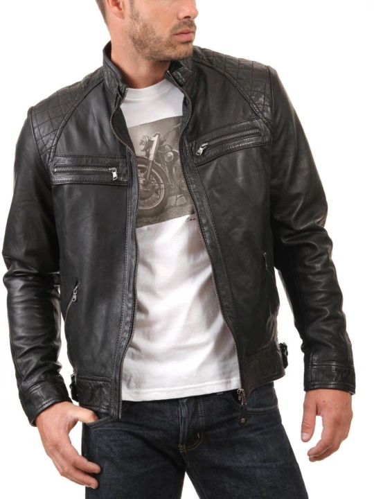 Mens Slim Fit Real lambskin Black Leather Jacket