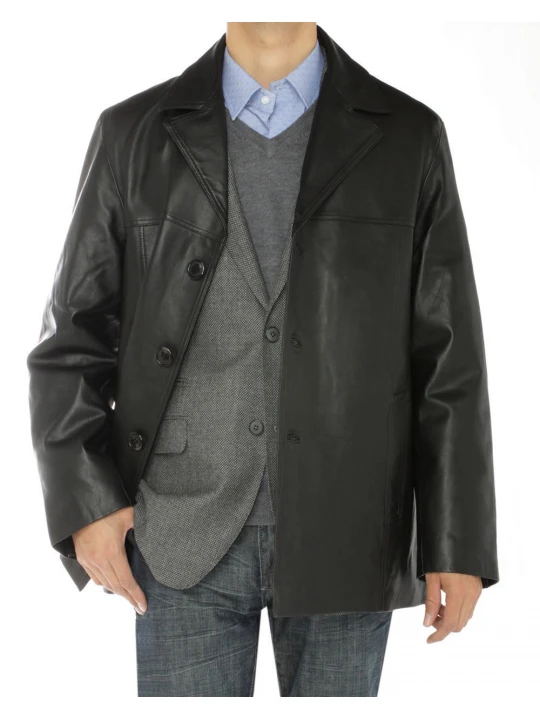 Mens Three Button Black Lambskin Leather Overcoat Blazer Jacket