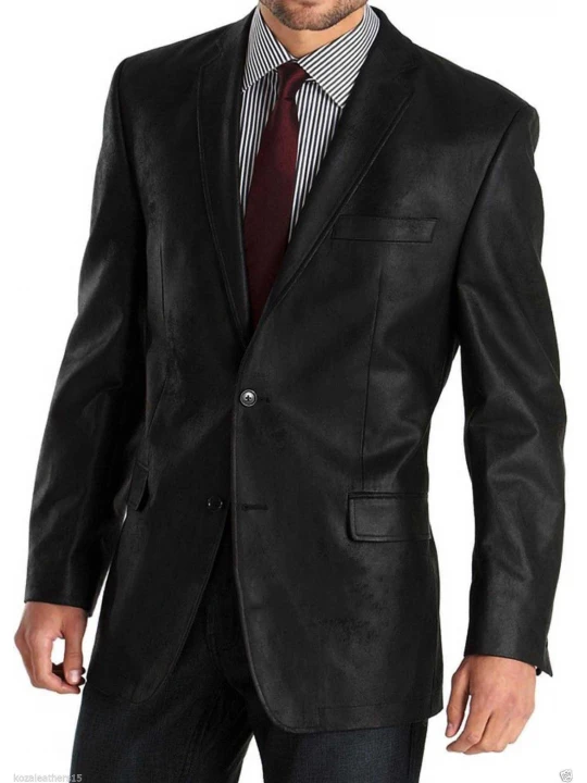 Mens Two Button Blazer Style Black Leather Coat