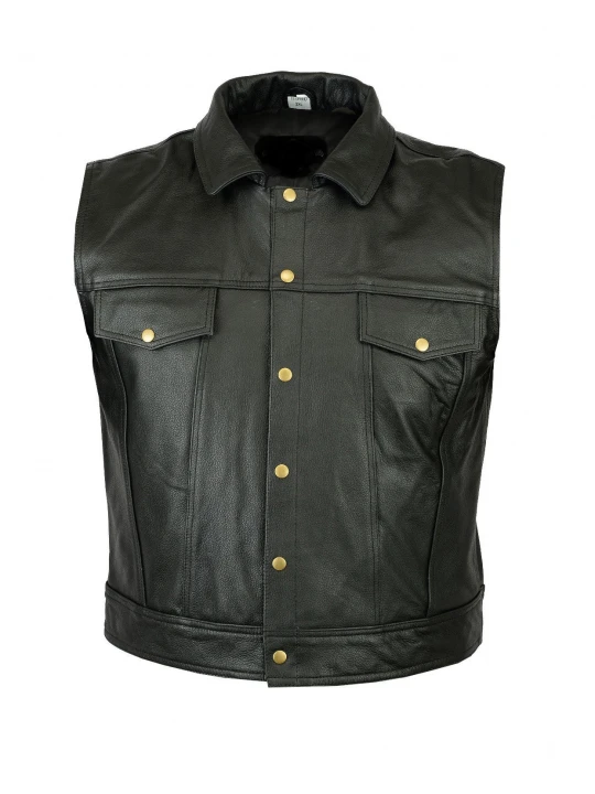 Mens Casual Motorbike Black Leather Waistcoat Vest
