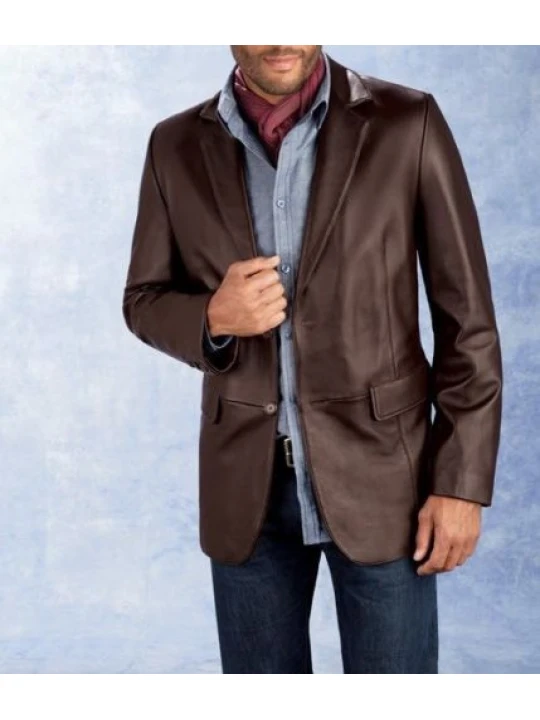 Mens Smart Fashion Genuine Real Brown Leather Blazer Coat