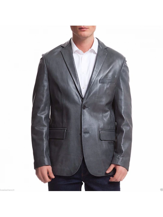 Mens Sports Two Button Dark Gray Leather Blazer Coat