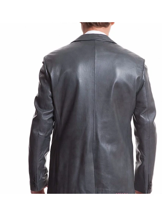 Mens Sports Two Button Dark Gray Leather Blazer Coat