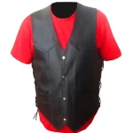 Side Laced Up Black Genuine Leather Biker Vest for Men