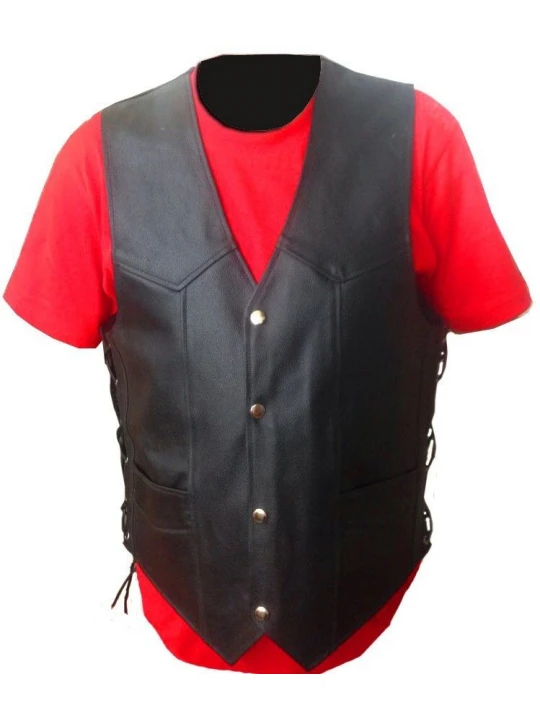 Side Laced Up Black Genuine Leather Biker Vest for Men