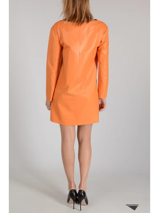 Stylish Long Sleeves Orange Leather Shift Dress for Women