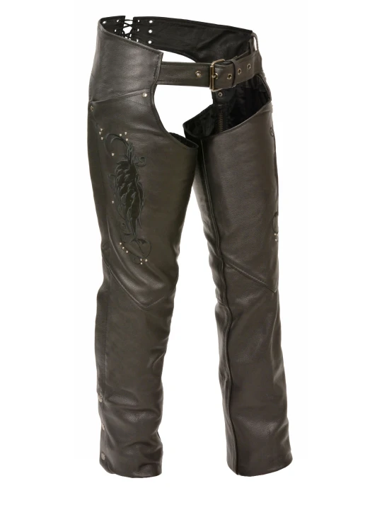 Stylish Wing Embroidery Pure Black Leather Chaps for Womens