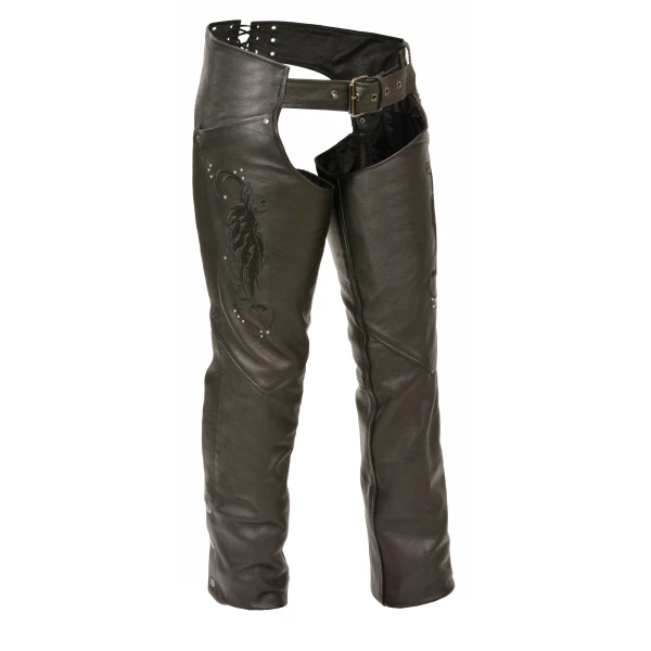 Stylish Wing Embroidery Pure Black Leather Chaps for Womens