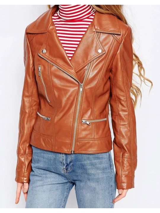 Stylish Womens Genuine Lambskin Brown Leather Motorcycle Jacket