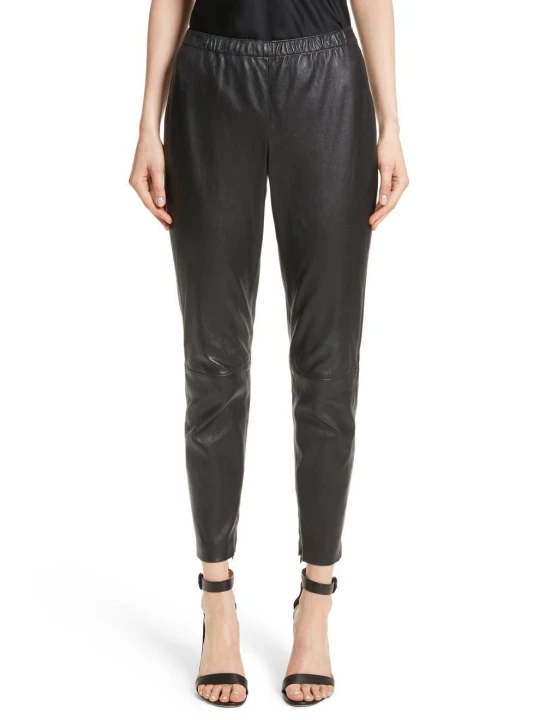 Trendy Elastic Tracking Black Leather Capri Pant For Women