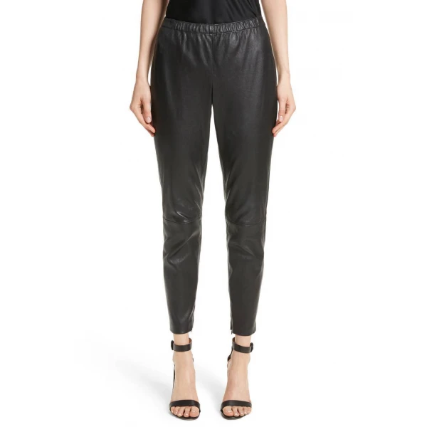 Trendy Elastic Tracking Black Leather Capri Pant For Women