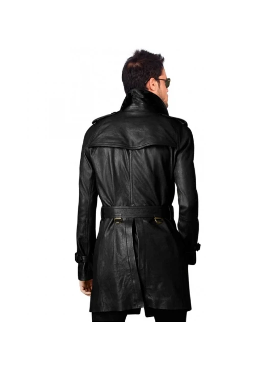 Vintage Style Long Black Leather Coat Mens