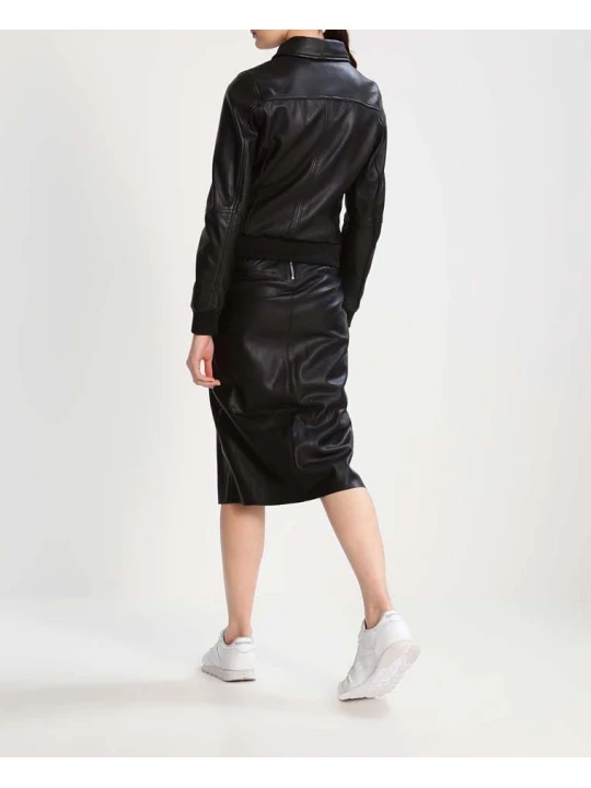Women Slim Fit Stand Collar Black Leather Flight Bomber Jacket