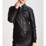 Women Slim Fit Stand Collar Black Leather Flight Bomber Jacket