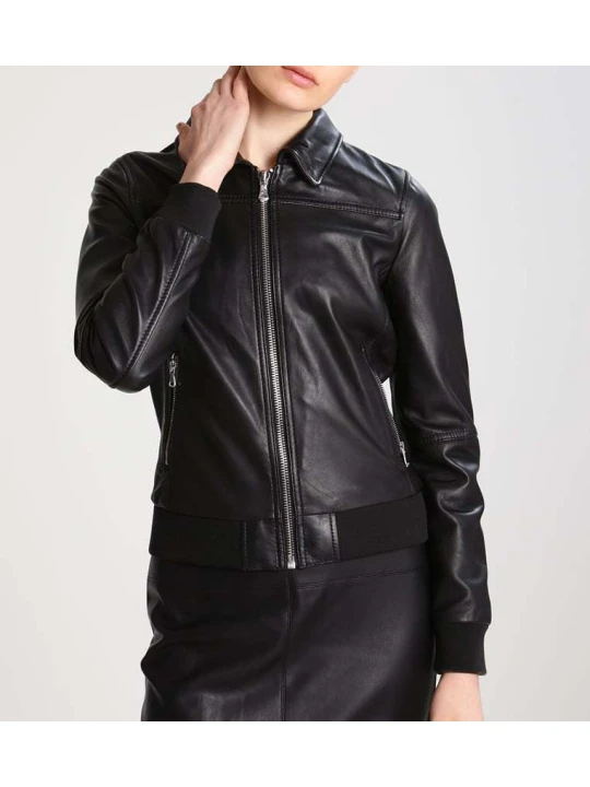 Women Slim Fit Stand Collar Black Leather Flight Bomber Jacket