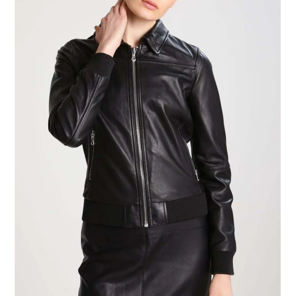 Women Slim Fit Stand Collar Black Leather Flight Bomber Jacket