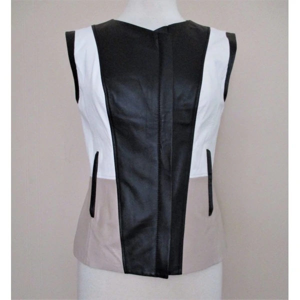 Women White Taupe Soft Black Leather Vest