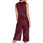 Women Deep V Culotte Burgundy Lambskin Leather Romper Catsuit