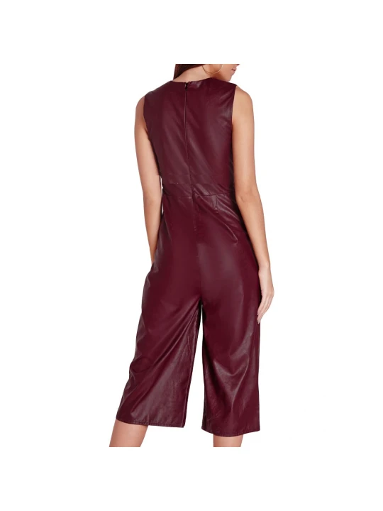 Women Deep V Culotte Burgundy Lambskin Leather Romper Catsuit