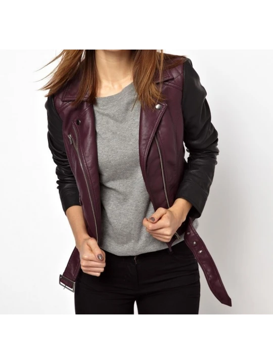 Girls Multicolor Genuine Lambskin Leather Purple With Black Sleeves Motorcycle Jacket