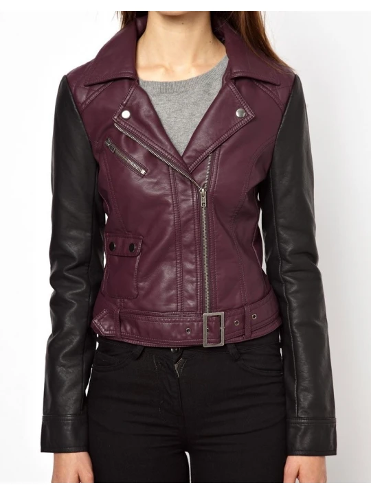 Girls Multicolor Genuine Lambskin Leather Purple With Black Sleeves Motorcycle Jacket
