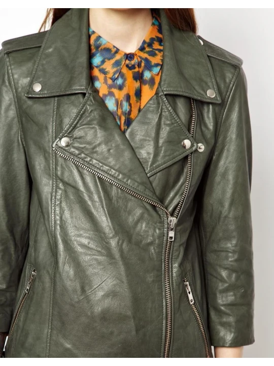 Girls Short Sleeve Classic Biker Style Genuine Sheepskin Leather Olive Green Motorcycle Jacket