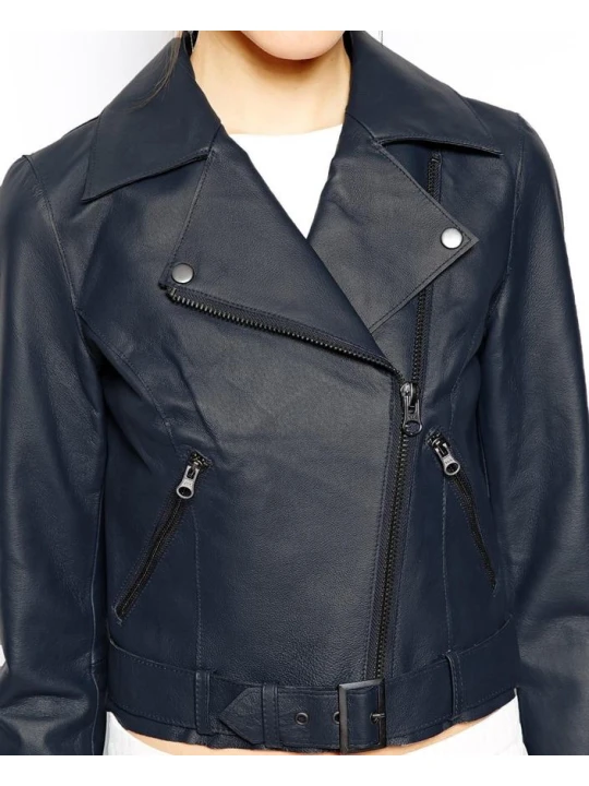 Womens Biker Style Genuine Sheepskin Leather Navy Blue Motorcycle Jacket