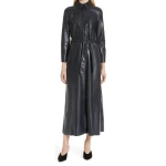 Womens Belted Real Sheepskin Black Leather Maxi Dress