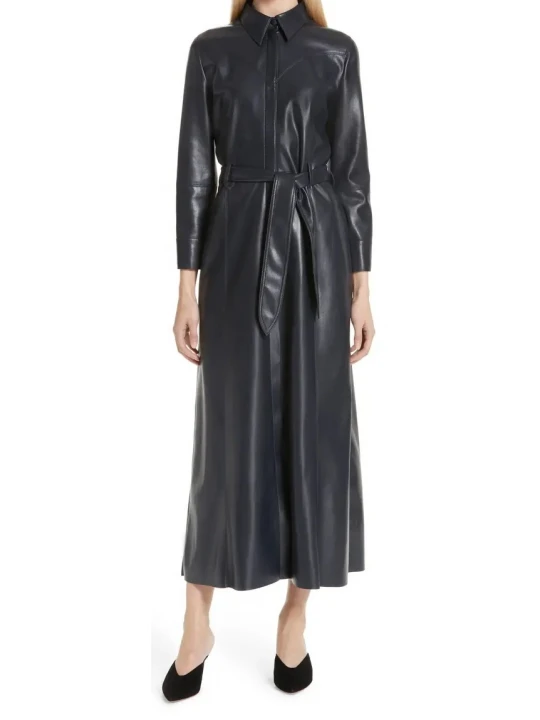 Womens Belted Real Sheepskin Black Leather Maxi Dress