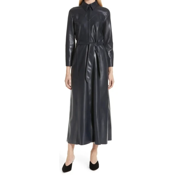 Womens Belted Real Sheepskin Black Leather Maxi Dress