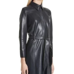 Womens Belted Real Sheepskin Black Leather Maxi Dress