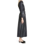 Womens Belted Real Sheepskin Black Leather Maxi Dress
