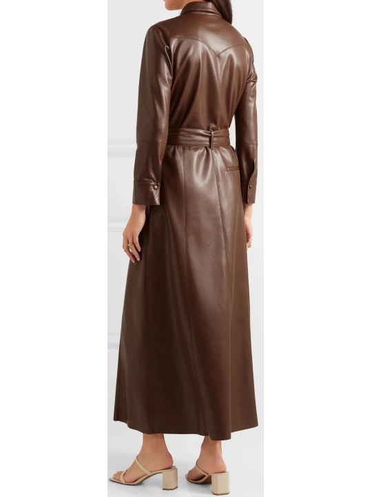 Womens Belted Real Sheepskin Brown Leather Maxi Dress