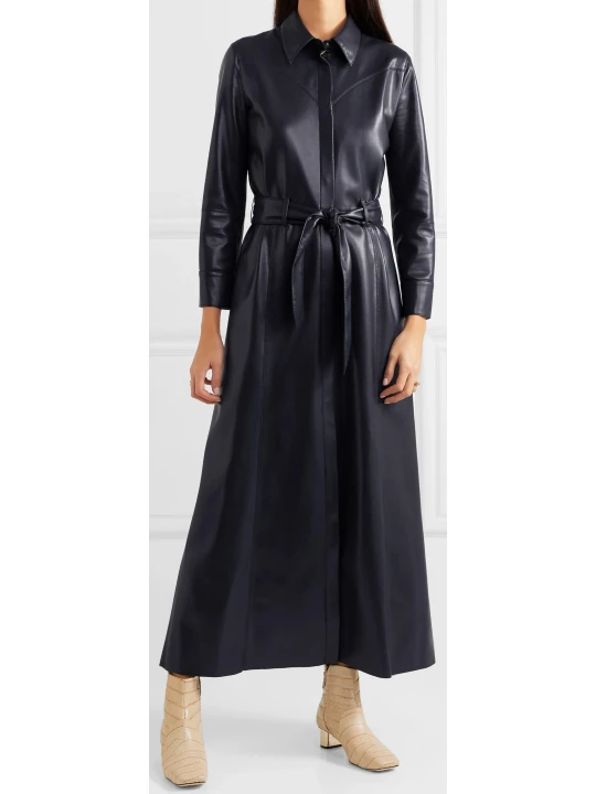 Womens Belted Real Sheepskin Navy Blue Leather Maxi Dress