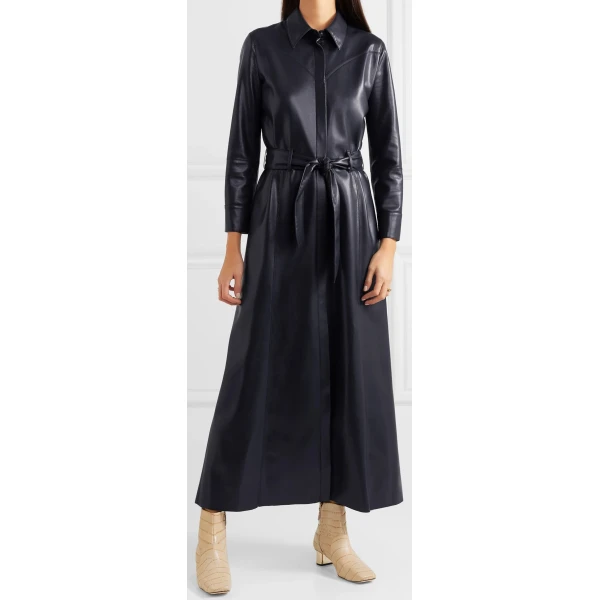 Womens Belted Real Sheepskin Navy Blue Leather Maxi Dress